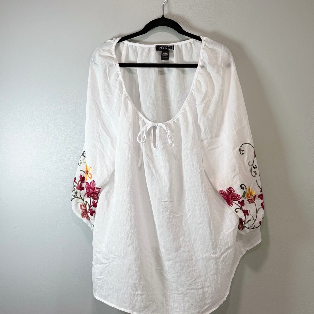 NYCC New York Clothing‎ Co White Embroidered Floral Peasant Blouse 3X Boho Top